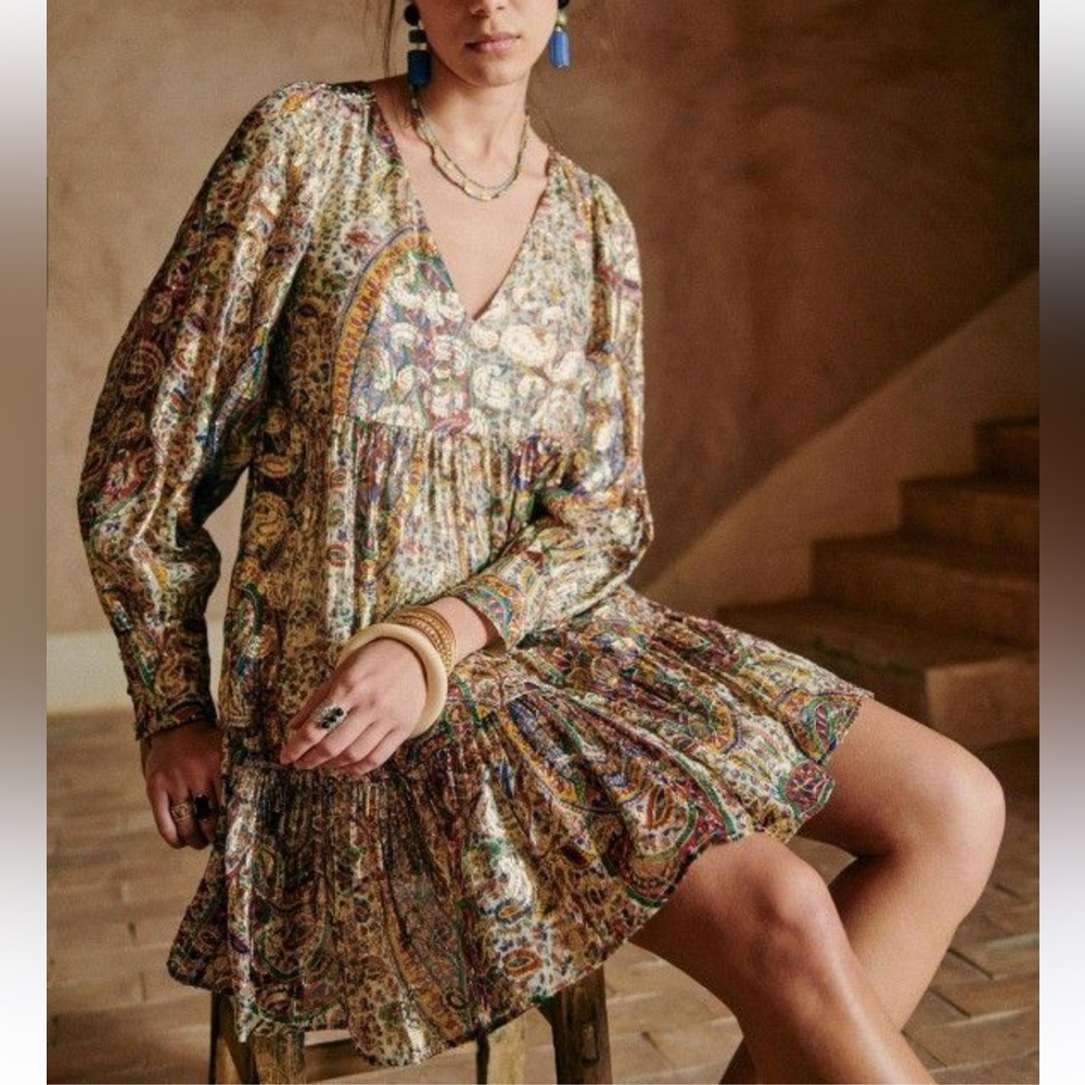 Sezane Floral Paisley Mini Dress in Cream, Green, Blue